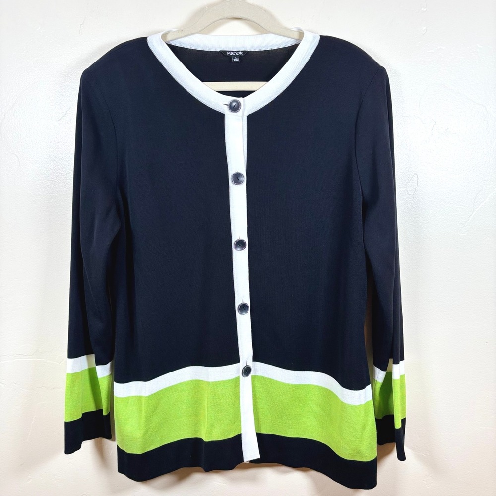 Misook Knit Button Up Cardigan Sweater Sz L Black Green Colorblock Office Mature